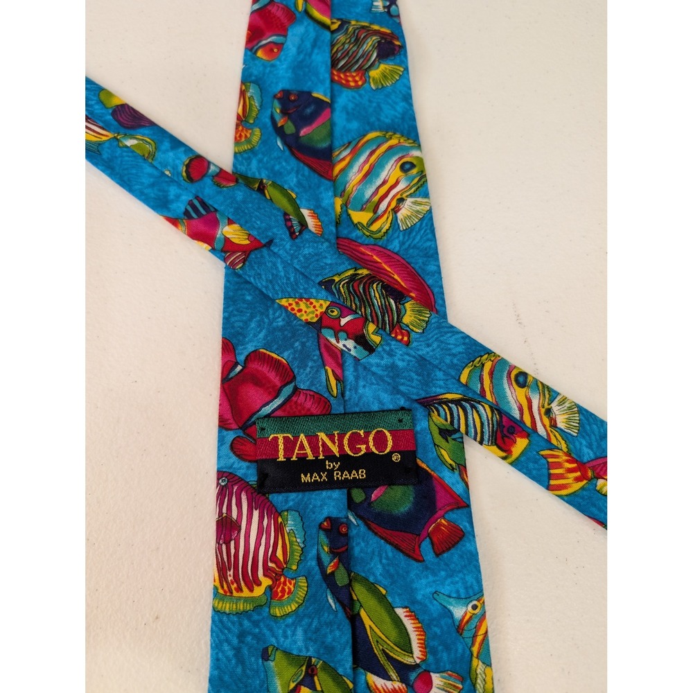 Tango by Max Raab Necktie Men's Cotton Blue Multicolor Fish Print Novelty 56" - Picture 2 of 3